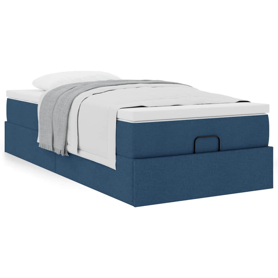 Estructura de cama otomana con colchón tela azul 90x200