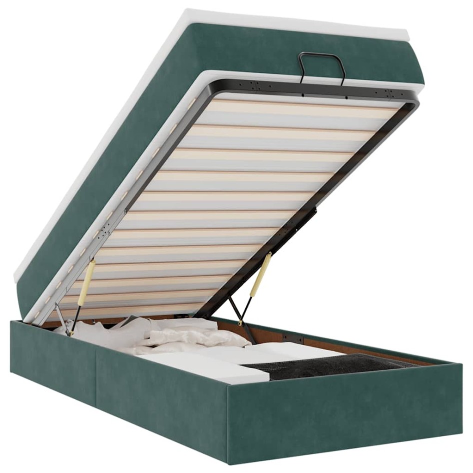Estructura de cama otomana con colchón terciopelo verde
