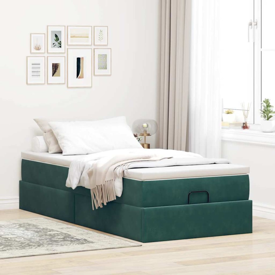 Estructura de cama otomana con colchón terciopelo verde