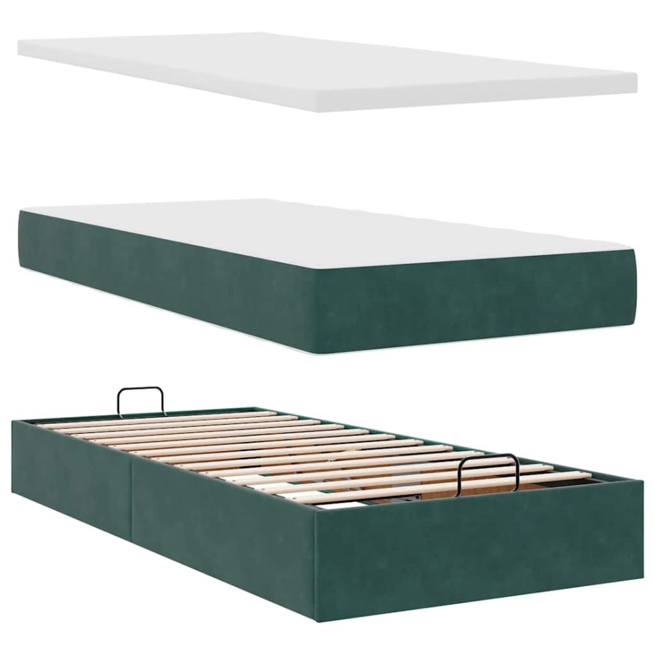 Estructura de cama otomana con colchón terciopelo verde