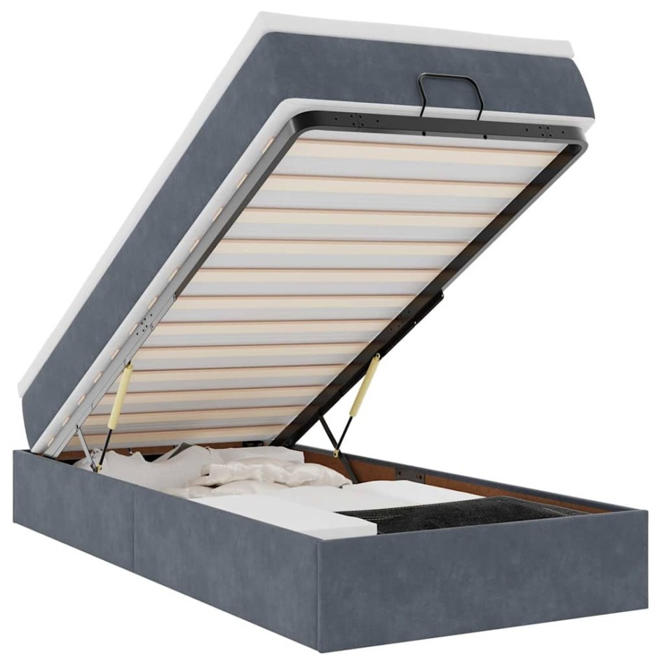 Estructura cama otomana colchón terciopelo gris