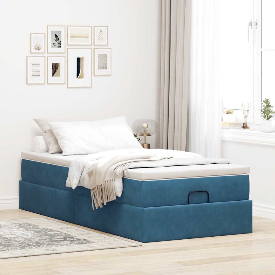 Estructura de cama otomana con colchón terciopelo azul