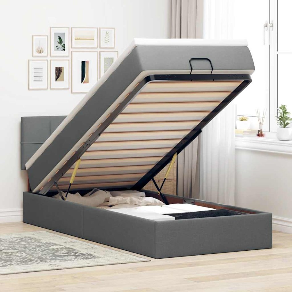 Cama otomana con colchón y LED tela gris oscuro 90x200