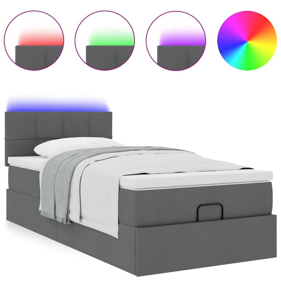 Cama otomana con colchón y LED tela gris oscuro 90x200