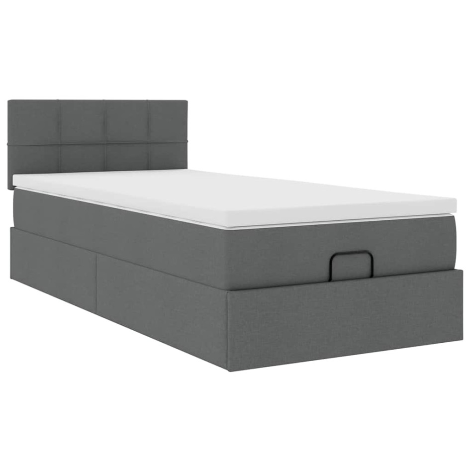 Cama otomana con colchón y LED tela gris oscuro 90x200
