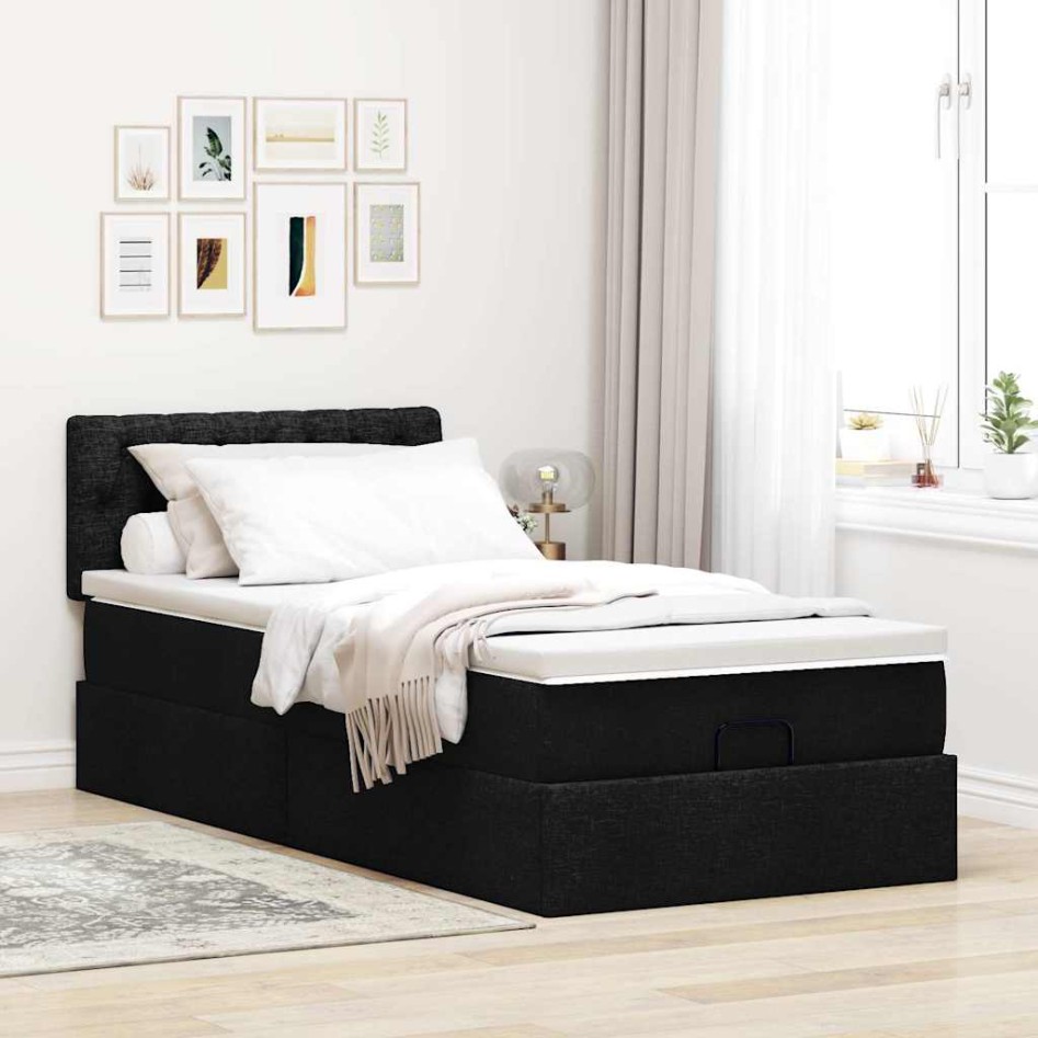 Cama otomana con colchón tela negra 100x200