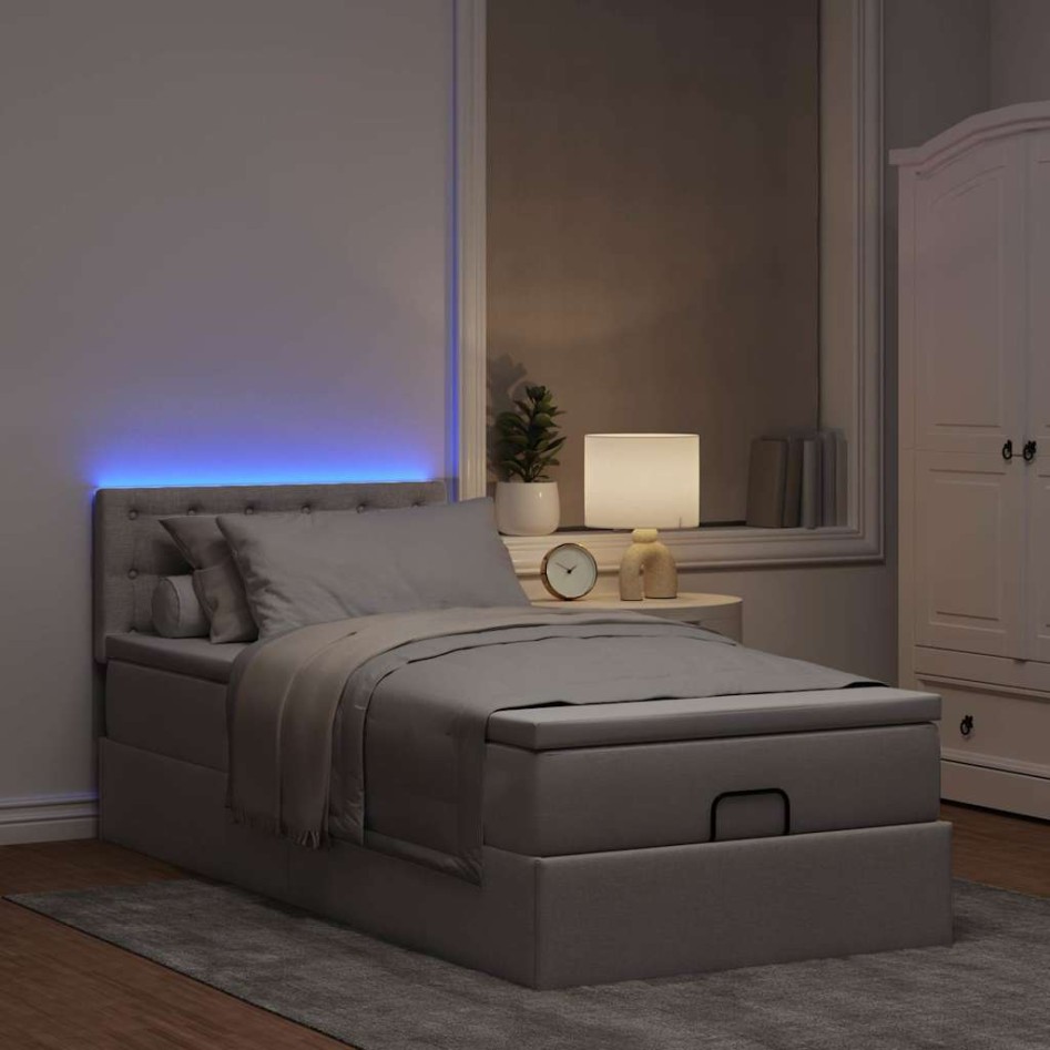 Cama otomana con colchón y luces LED tela gris taupé 90x200