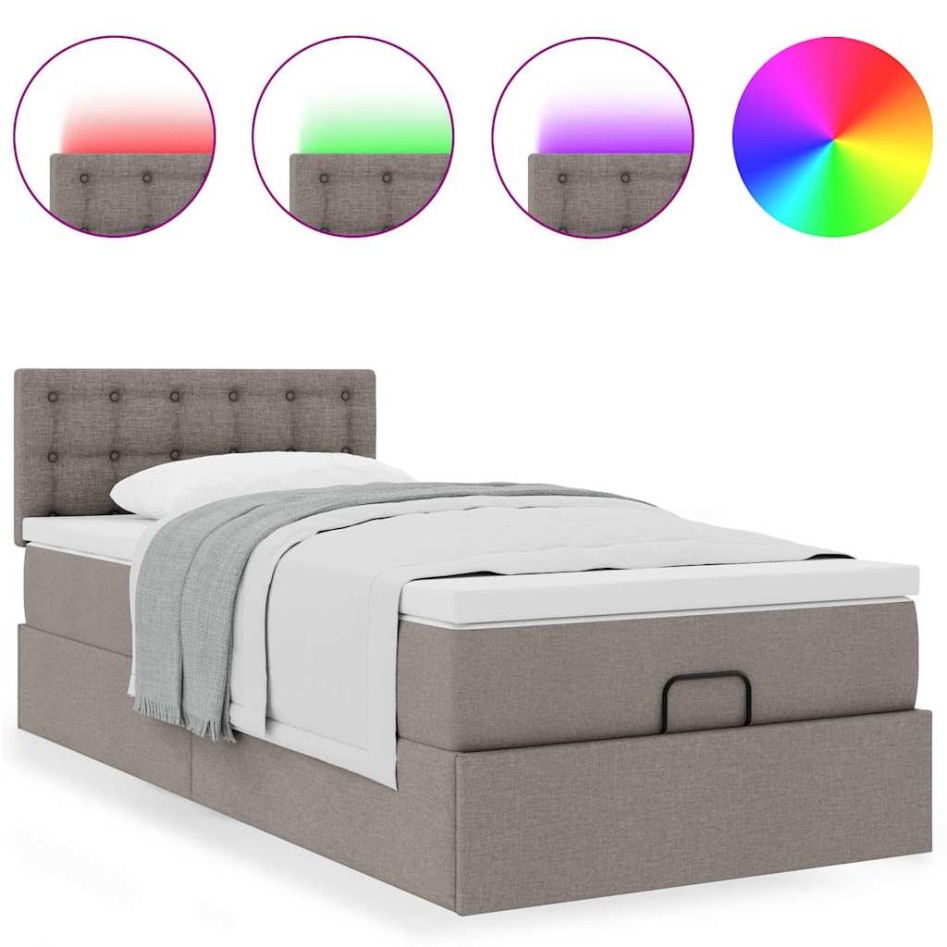 Cama otomana con colchón y luces LED tela gris taupé 90x200