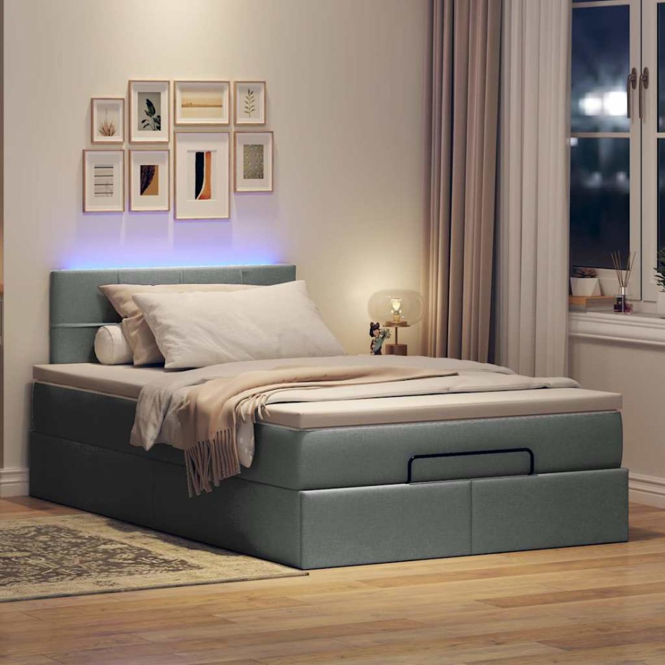Cama otomana con colchón y LED tela gris oscuro 120x200
