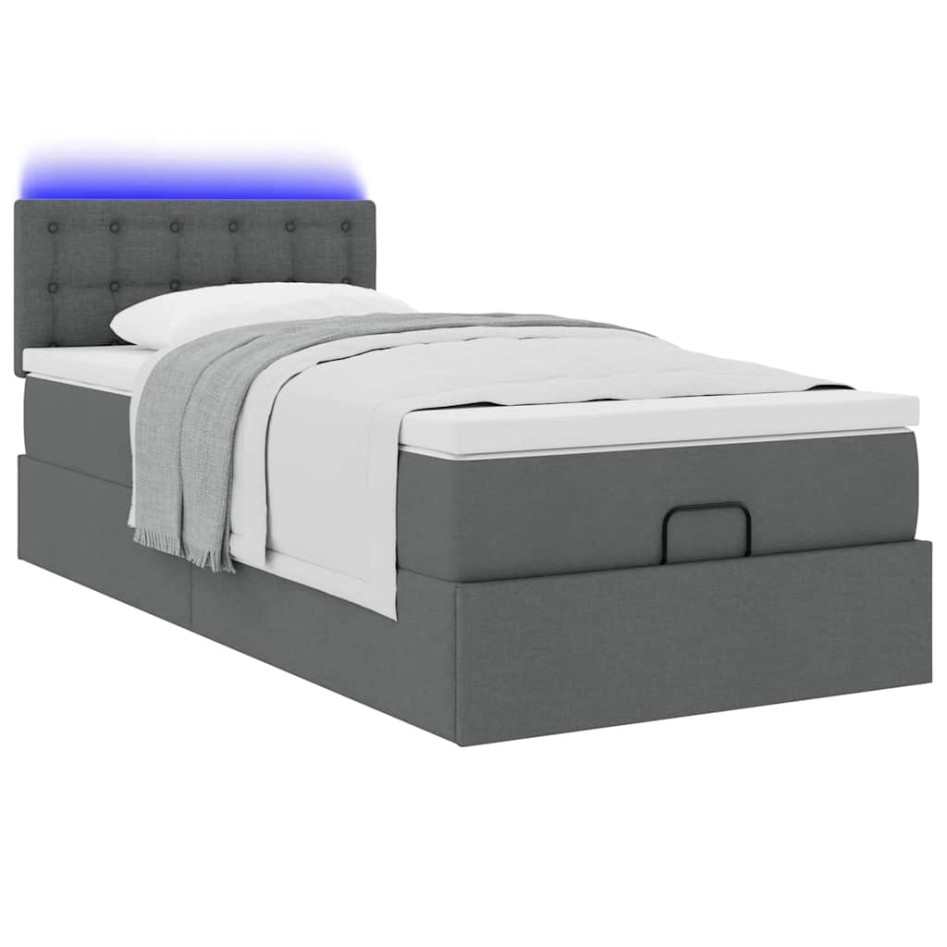Cama otomana con colchón y LED tela gris oscuro