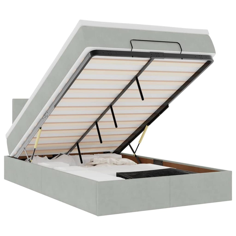 Estructura cama otomana colchón terciopelo gris claro