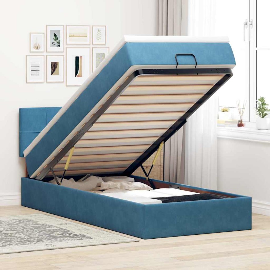 Estructura de cama otomana con colchón terciopelo azul