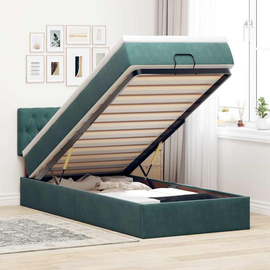 Cama otomana con colchón y LED terciopelo verde oscuro