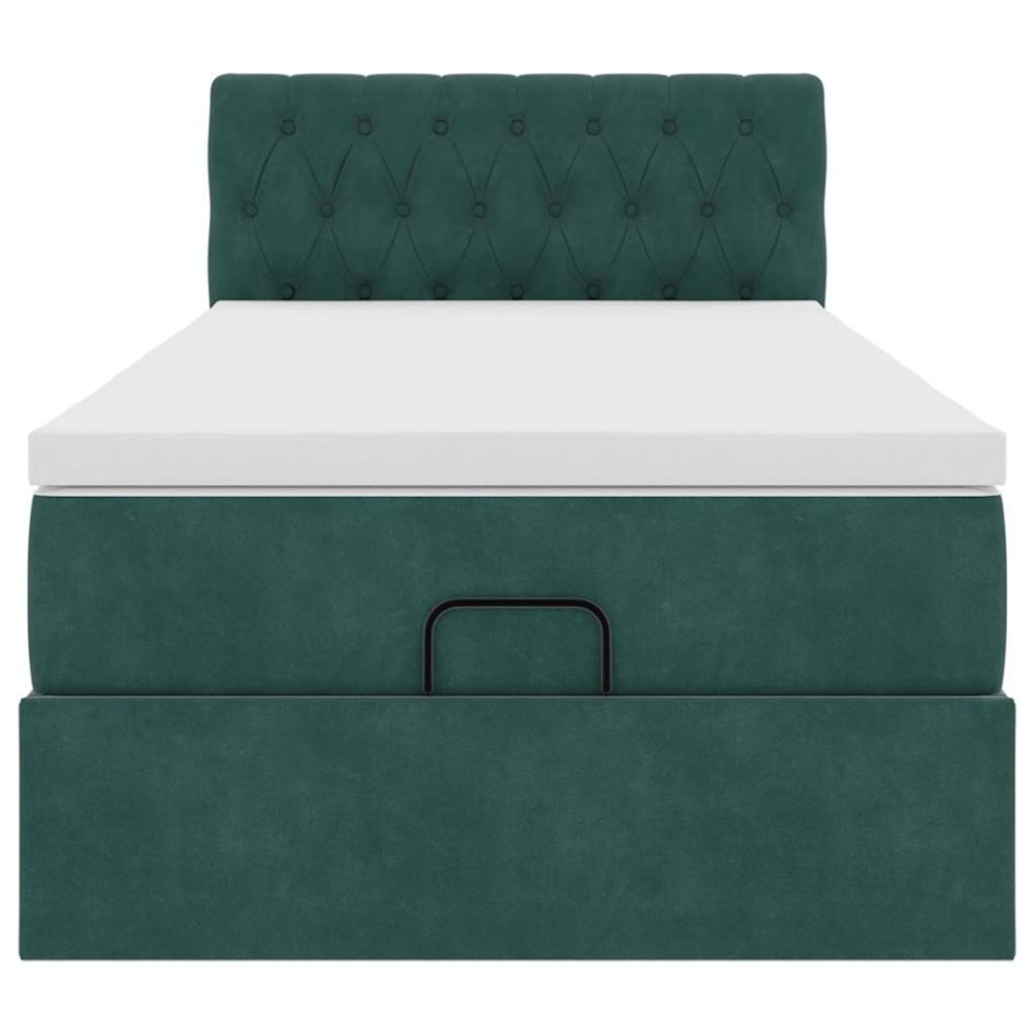 Cama otomana con colchón y LED terciopelo verde oscuro