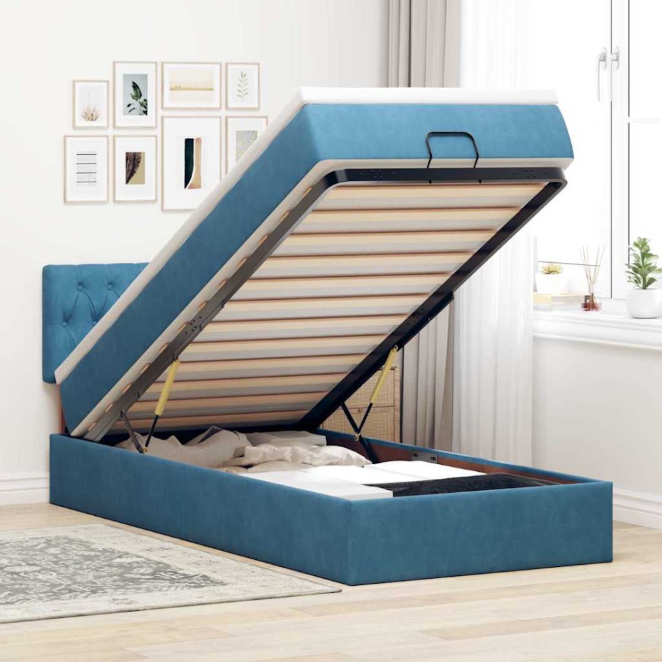 Estructura de cama otomana colchón terciopelo azul