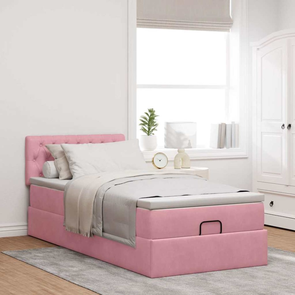 Estructura cama otomana con colchón terciopelo rosa