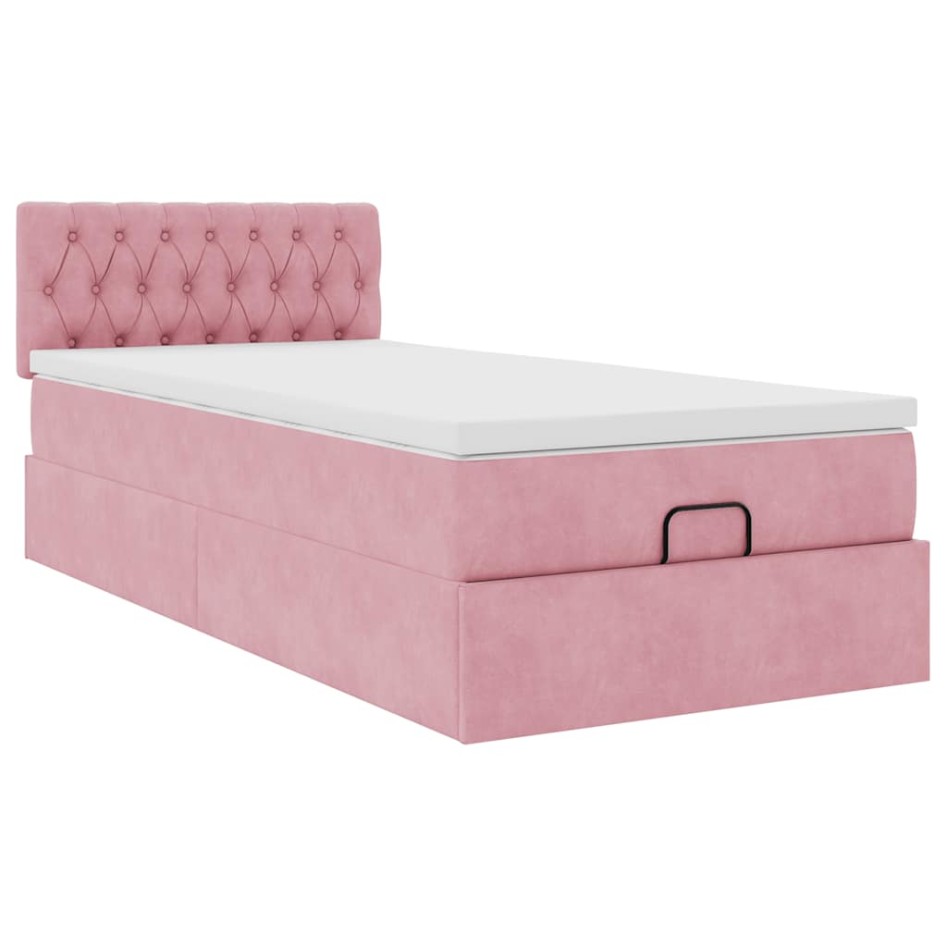 Estructura cama otomana con colchón terciopelo rosa