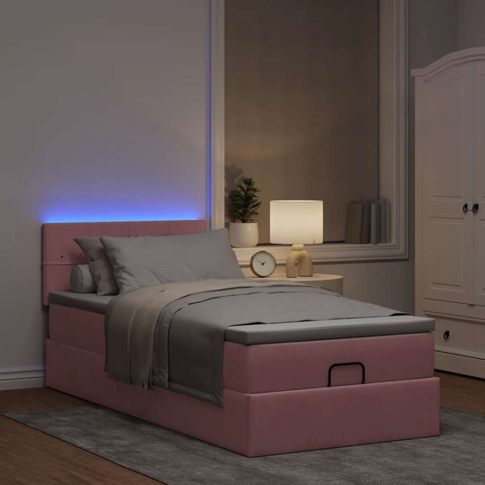 Cama otomana con colchón y LED terciopelo rosa 80x200