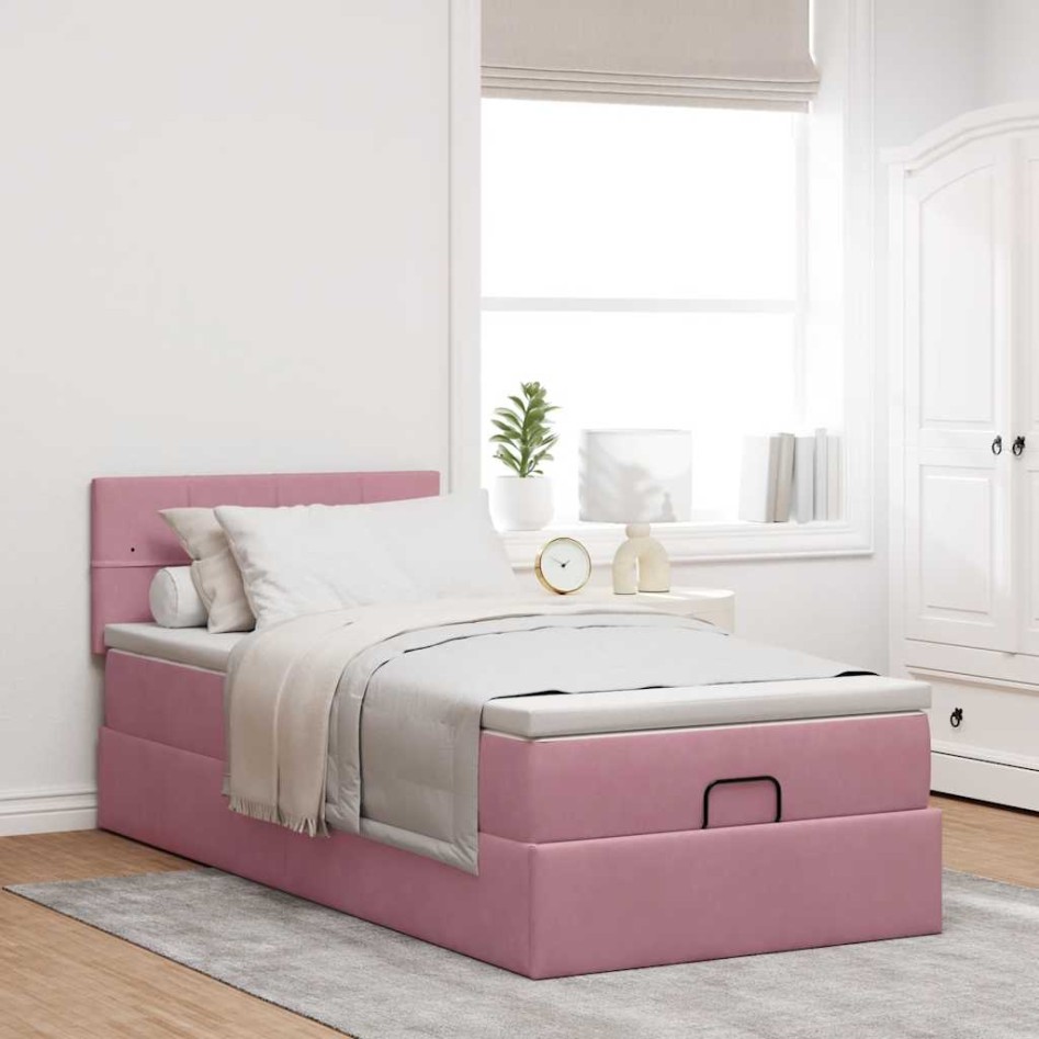 Cama otomana con colchón y LED terciopelo rosa 80x200