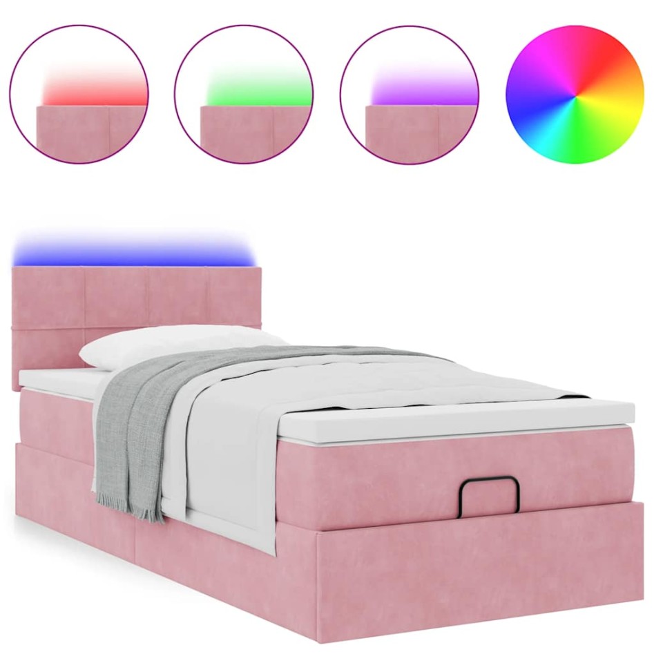 Cama otomana con colchón y LED terciopelo rosa 80x200