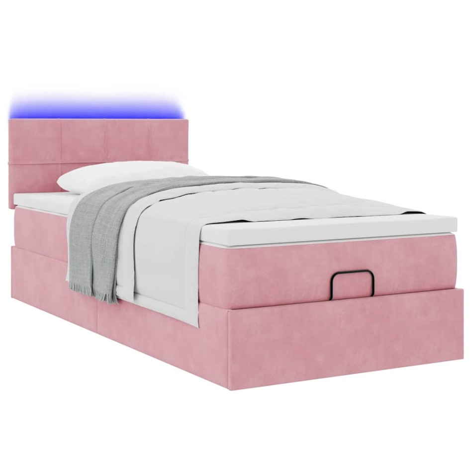 Cama otomana con colchón y LED terciopelo rosa 80x200