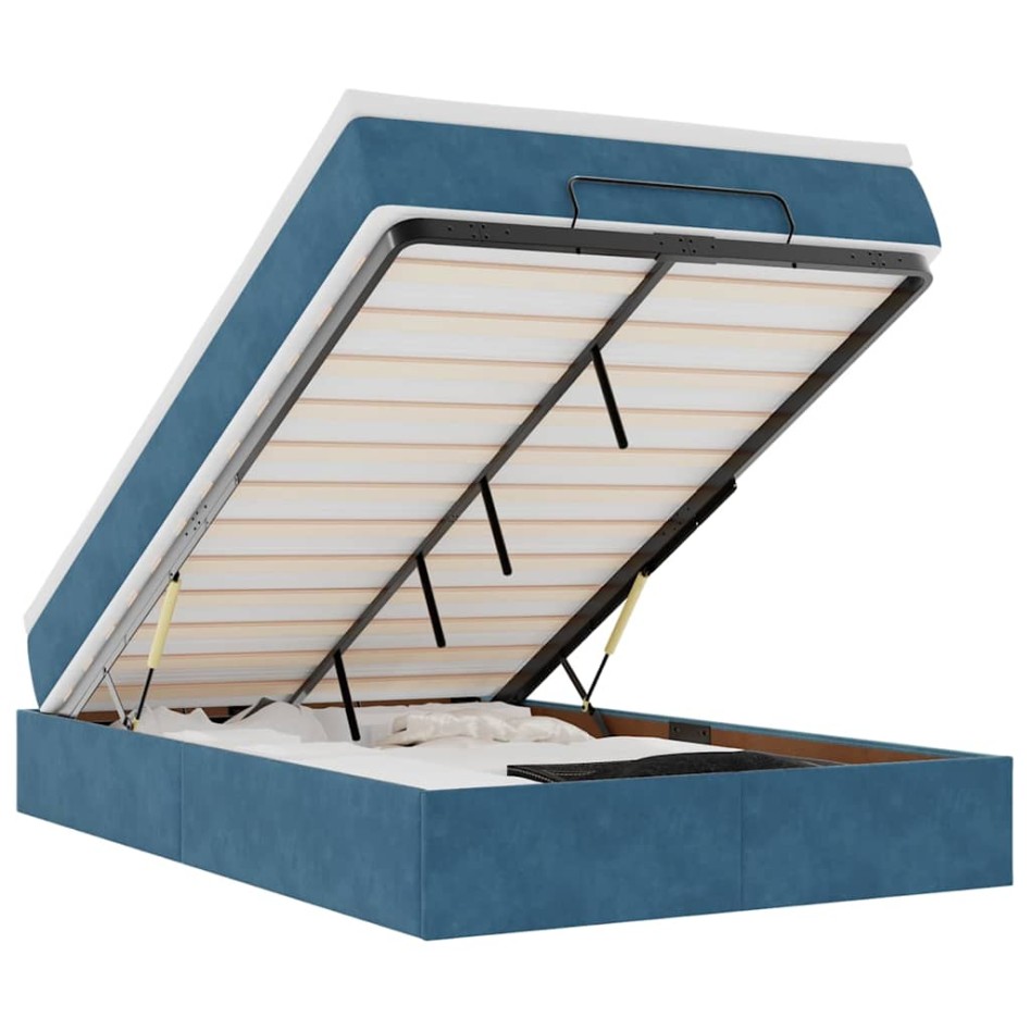 Estructura de cama otomana colchón terciopelo azul