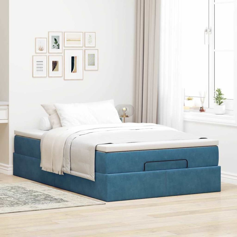 Estructura de cama otomana colchón terciopelo azul