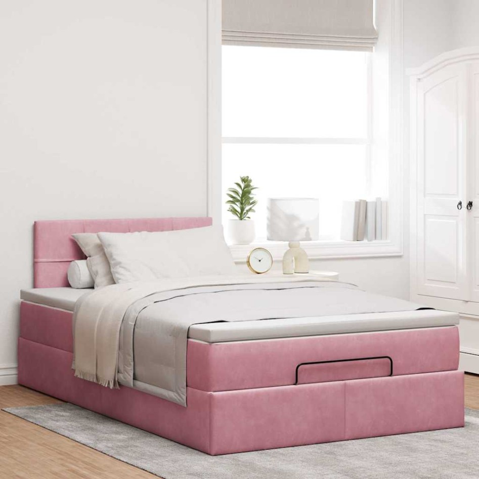Estructura de cama otomana colchón terciopelo rosa