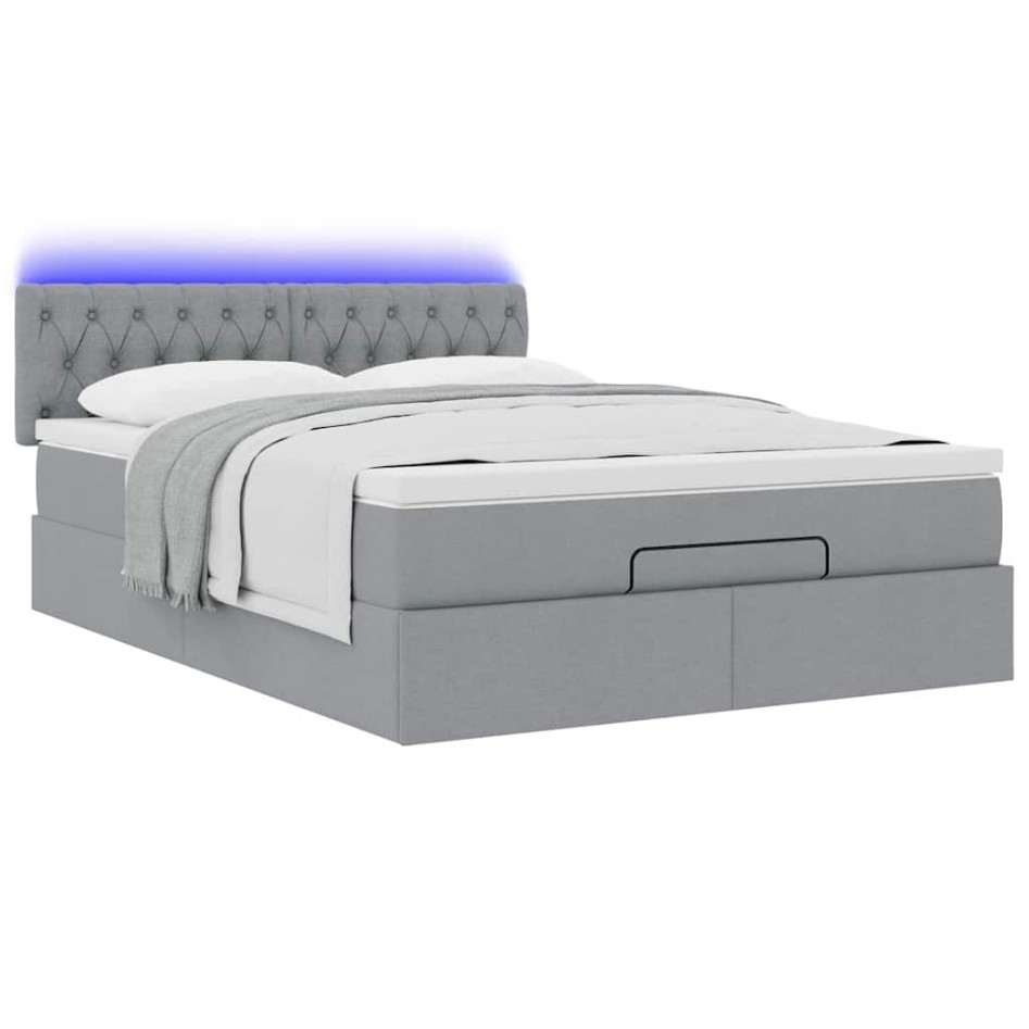 Cama otomana con colchón LED gris claro 140x190 cm