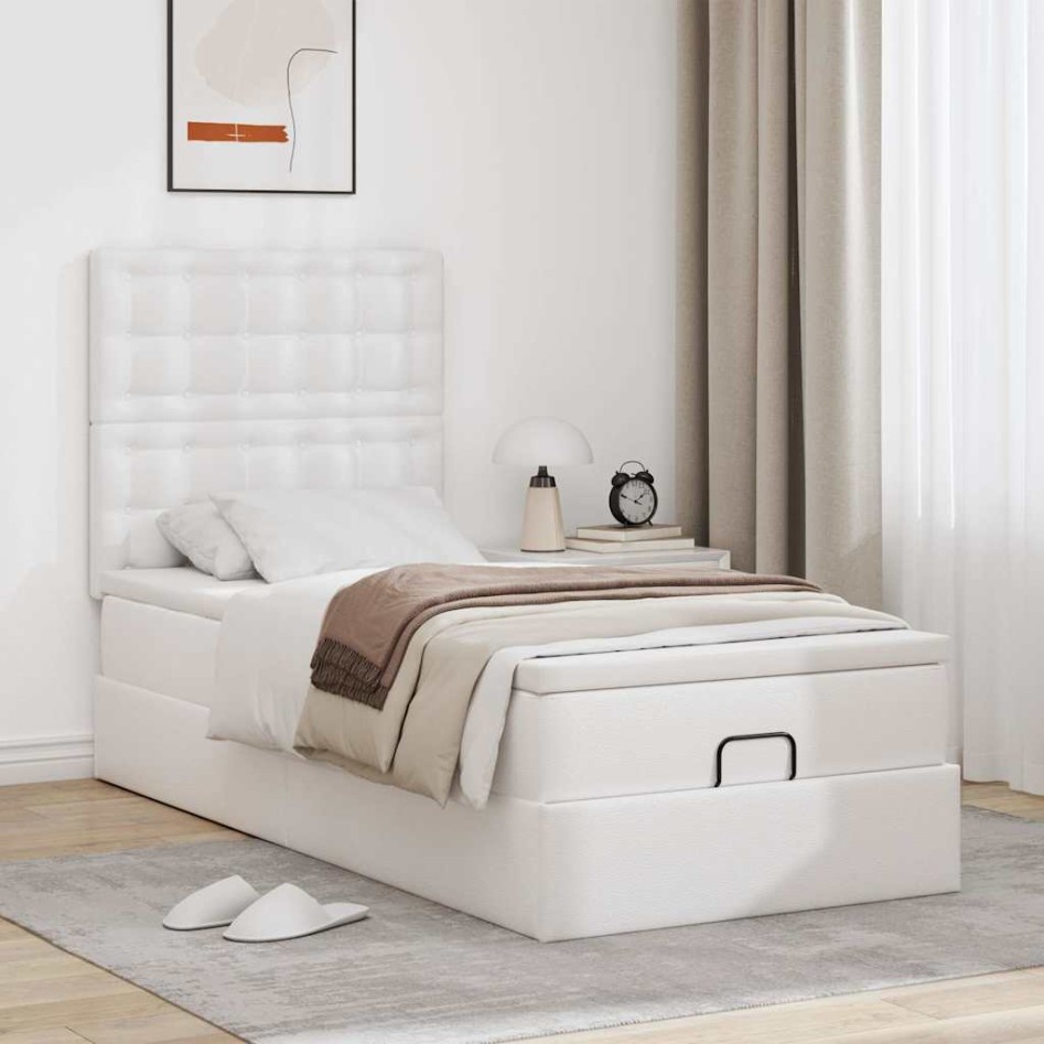 Cama otomana colchón cuero sintético blanco