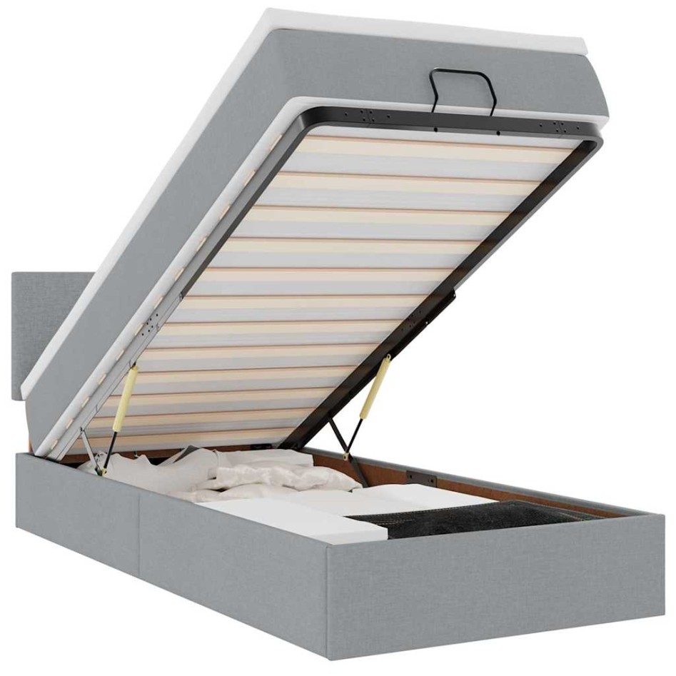 Cama otomana con colchón y LED tela gris claro 90x200