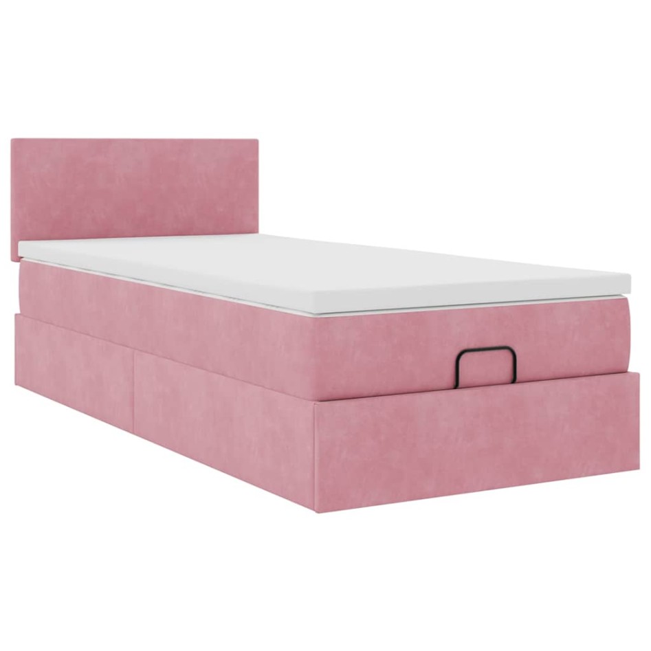Estructura cama otomana con colchón terciopelo rosa