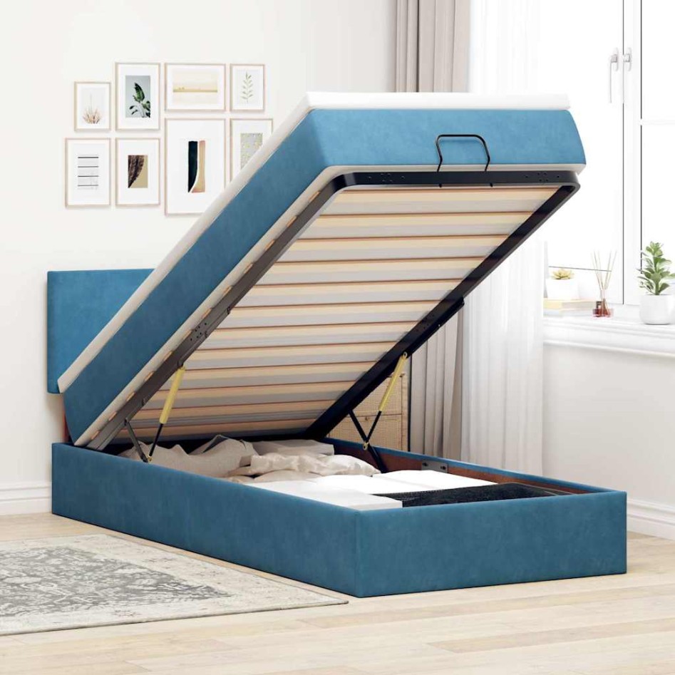 Estructura de cama otomana colchón terciopelo azul