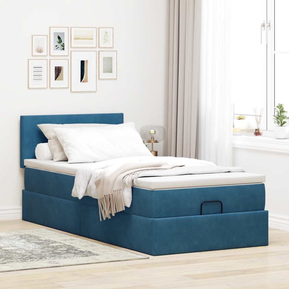 Estructura de cama otomana colchón terciopelo azul