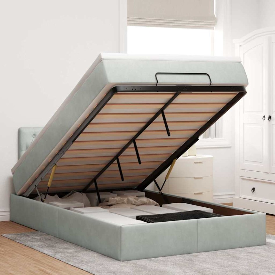 Estructura cama otomana colchón terciopelo gris claro
