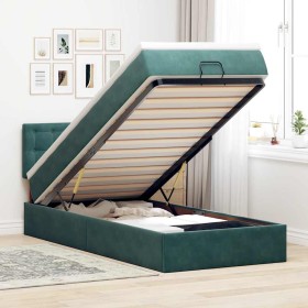 Cama otomana con colchón y LED terciopelo verde oscuro