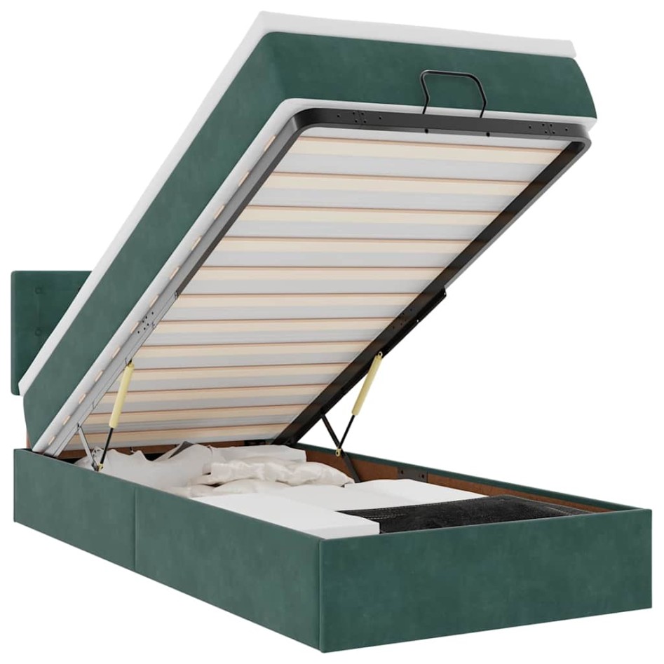 Cama otomana con colchón y LED terciopelo verde oscuro