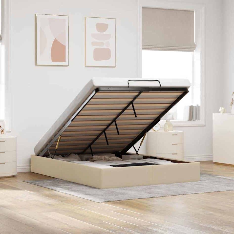 Estructura de cama otomana sin colchón tela crema