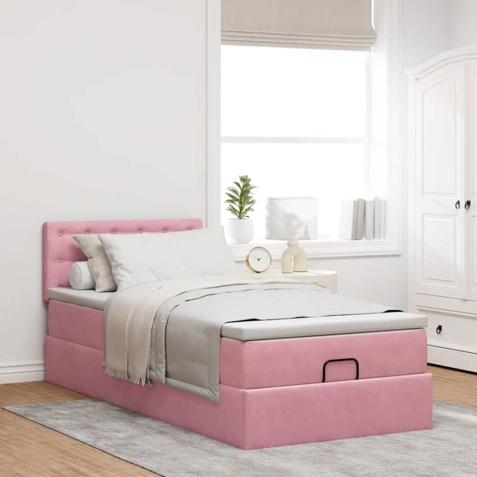 Estructura cama otomana con colchón terciopelo rosa