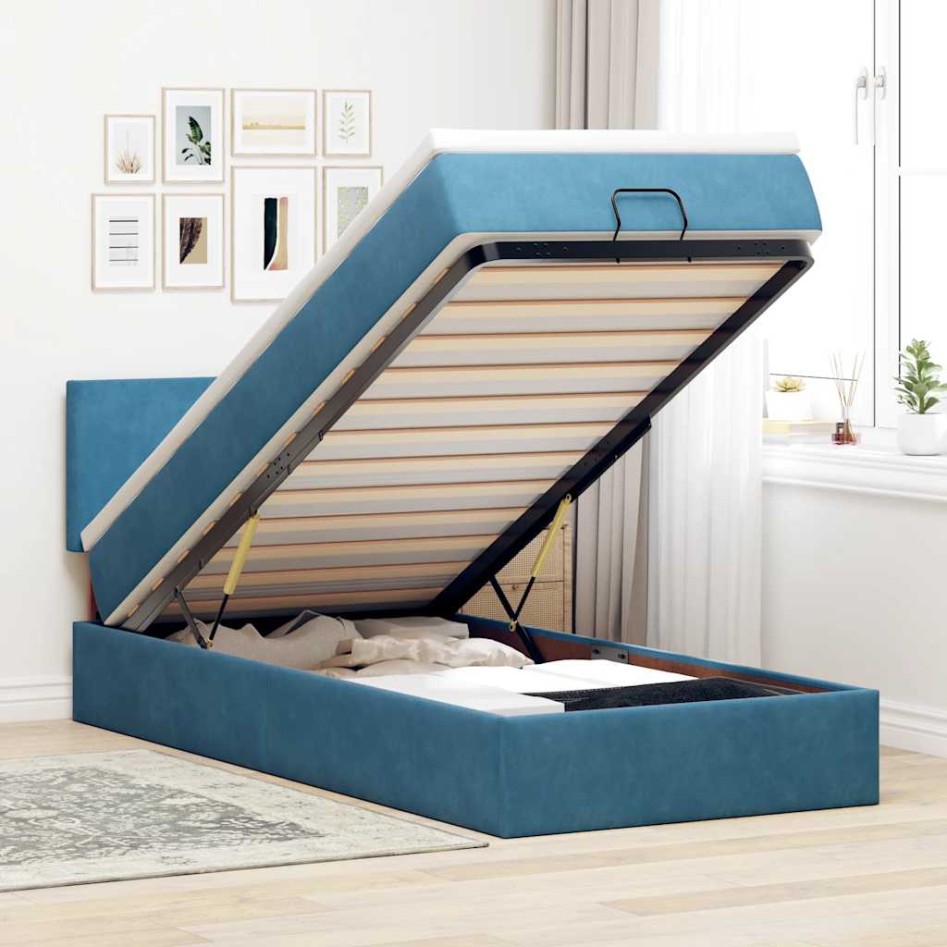 Estructura de cama otomana colchón terciopelo azul