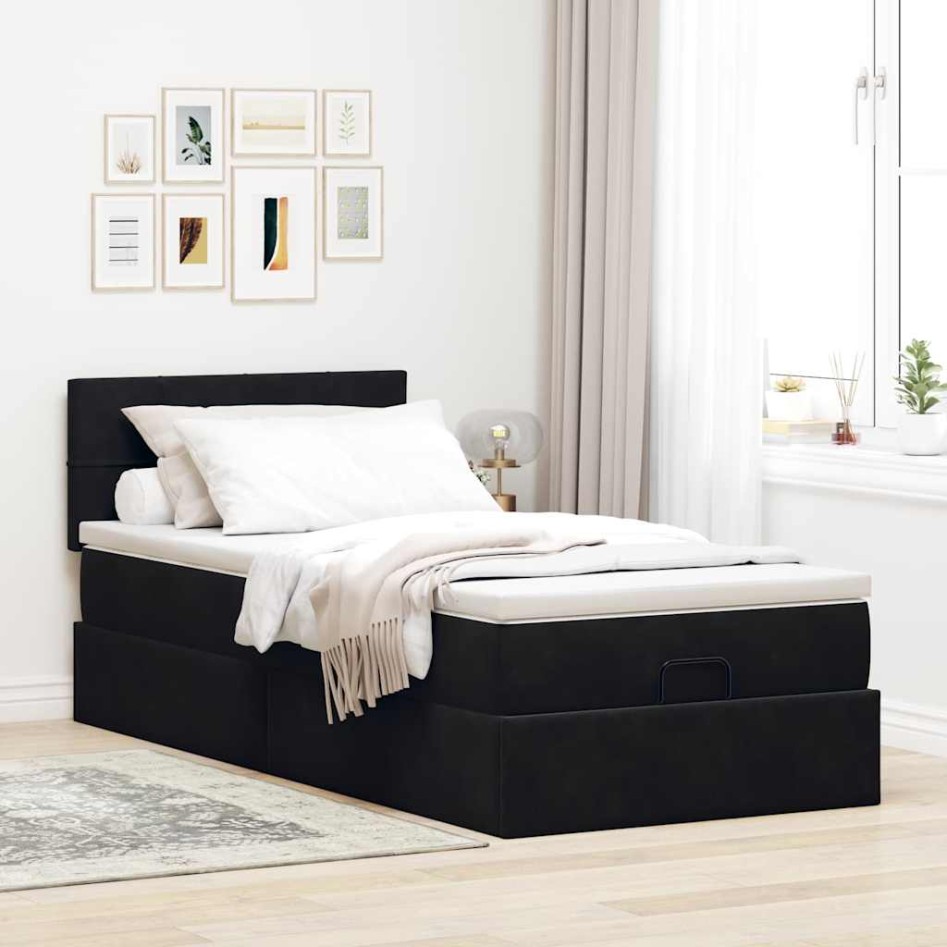 Estructura cama otomana colchón terciopelo negro 90x200