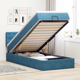 Estructura de cama otomana colchón terciopelo azul