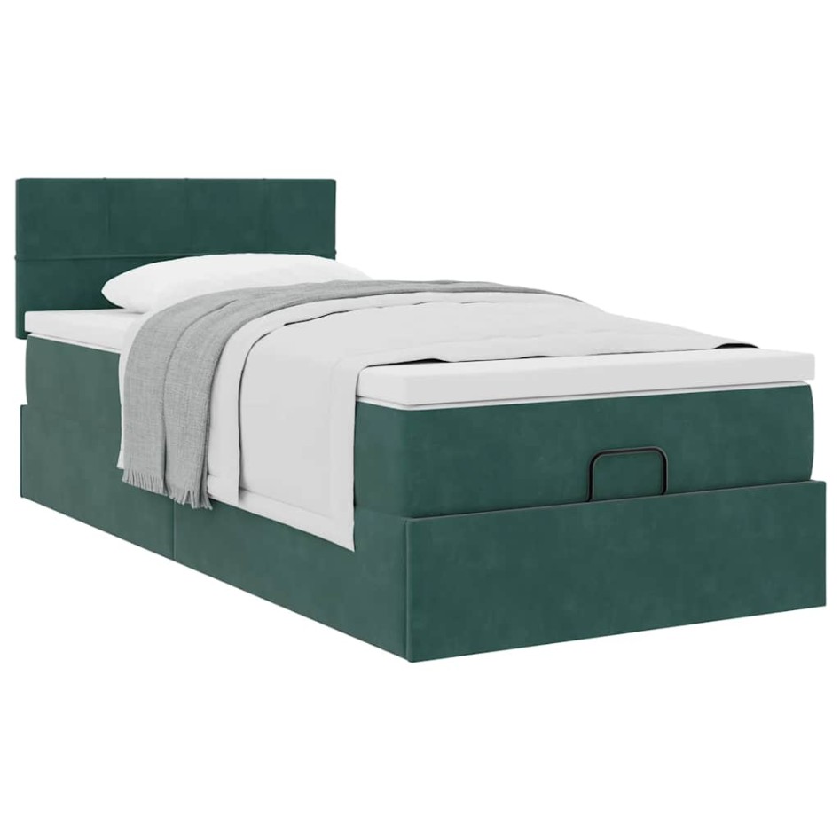 Estructura de cama otomana con colchón terciopelo verde