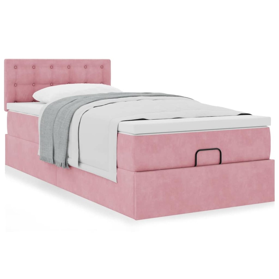 Estructura cama otomana colchón terciopelo rosa
