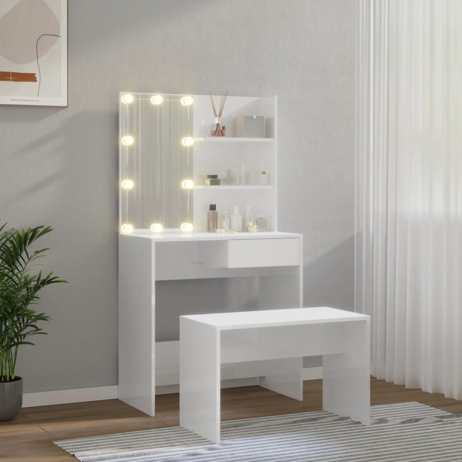 Juego de tocador con LED madera contrachapada blanco