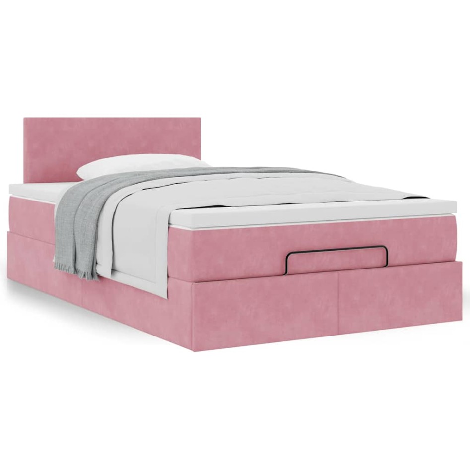 Estructura de cama otomana colchón terciopelo rosa