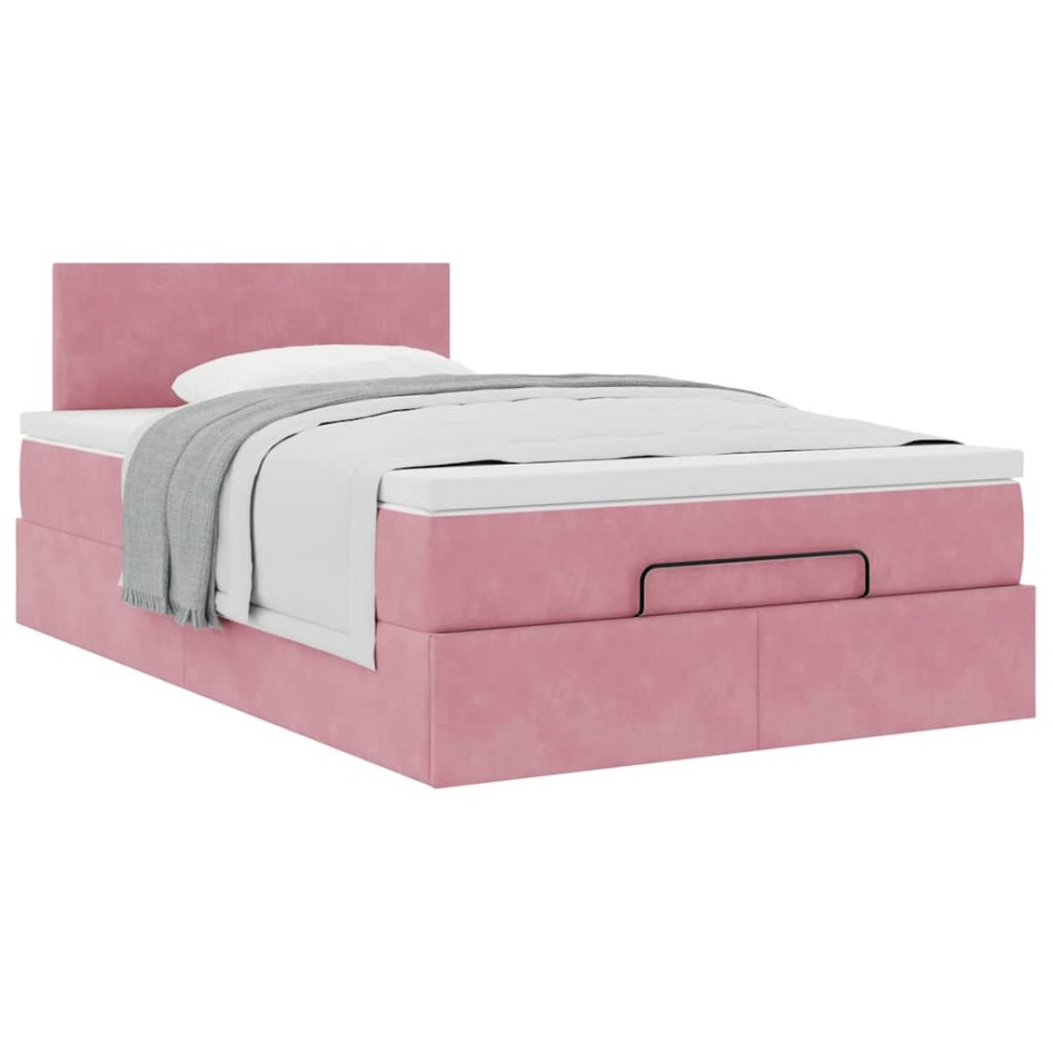 Estructura de cama otomana colchón terciopelo rosa