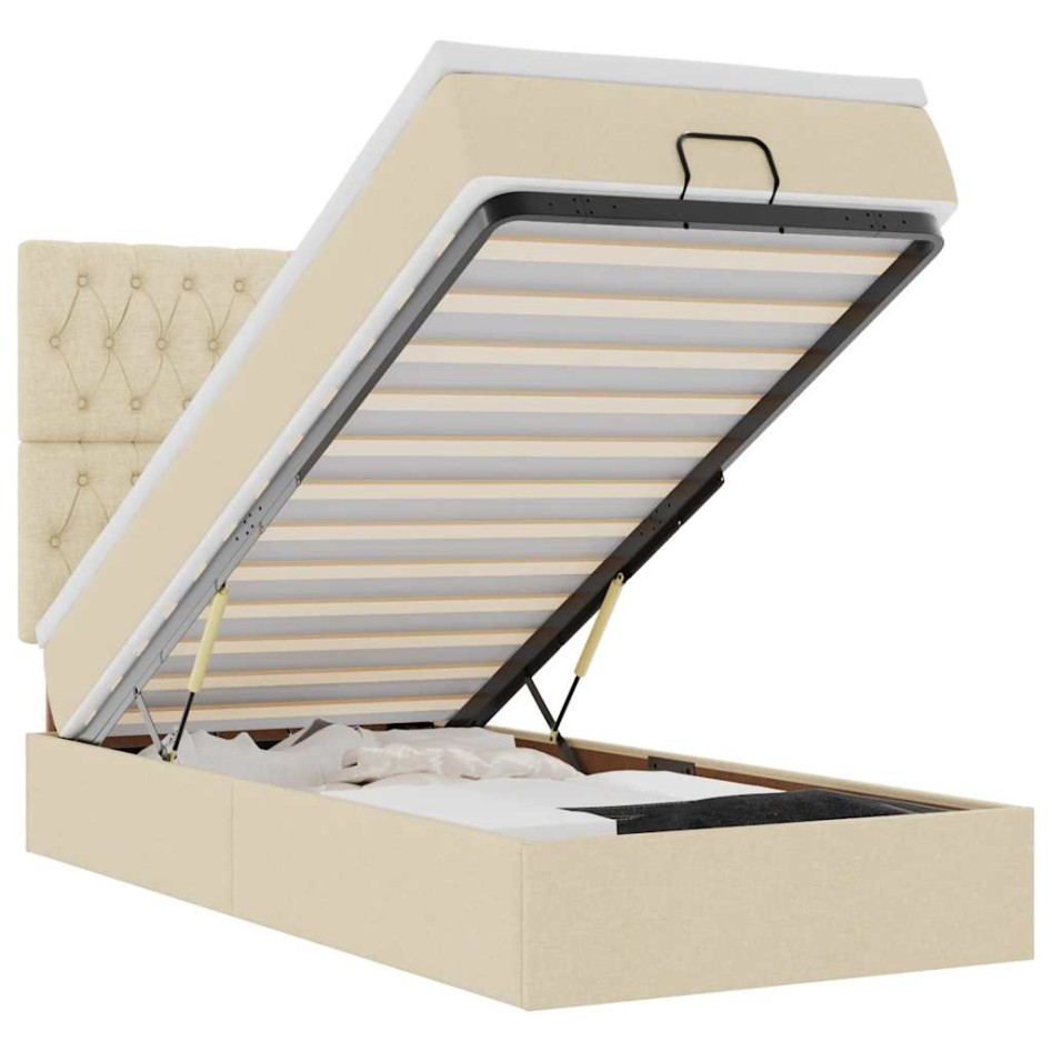 Estructura de cama otomana con colchón tela crema