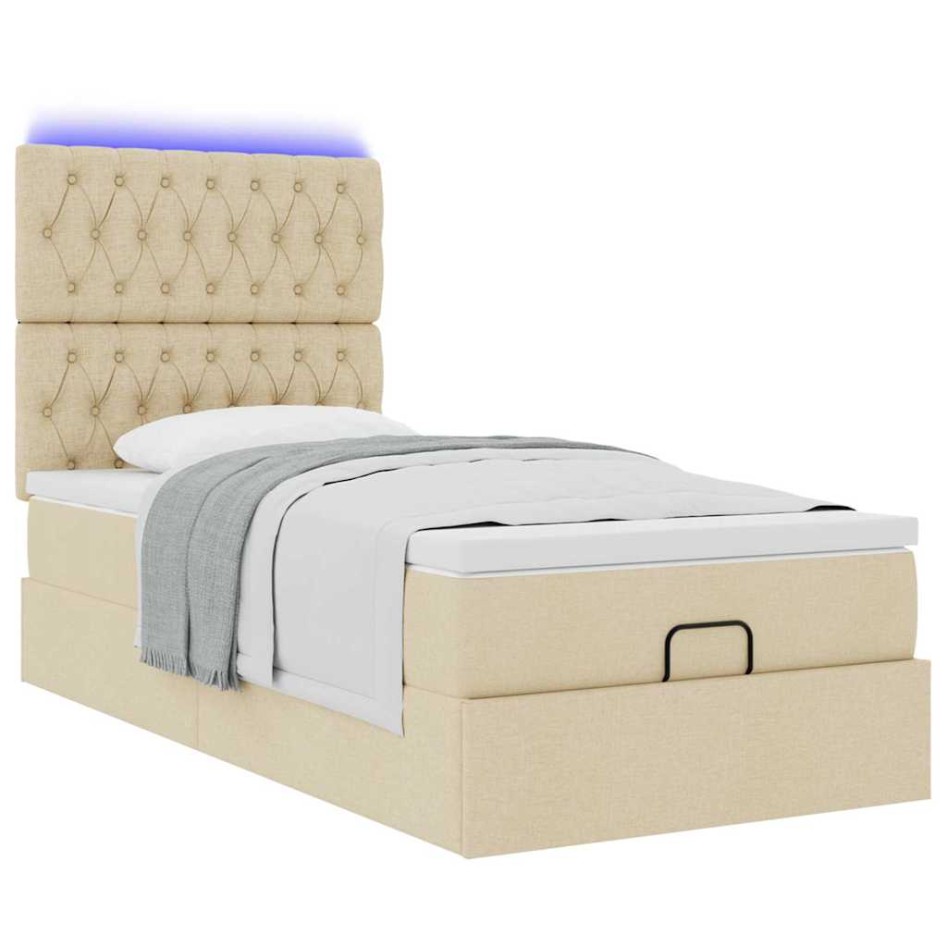 Estructura de cama otomana con colchón tela crema
