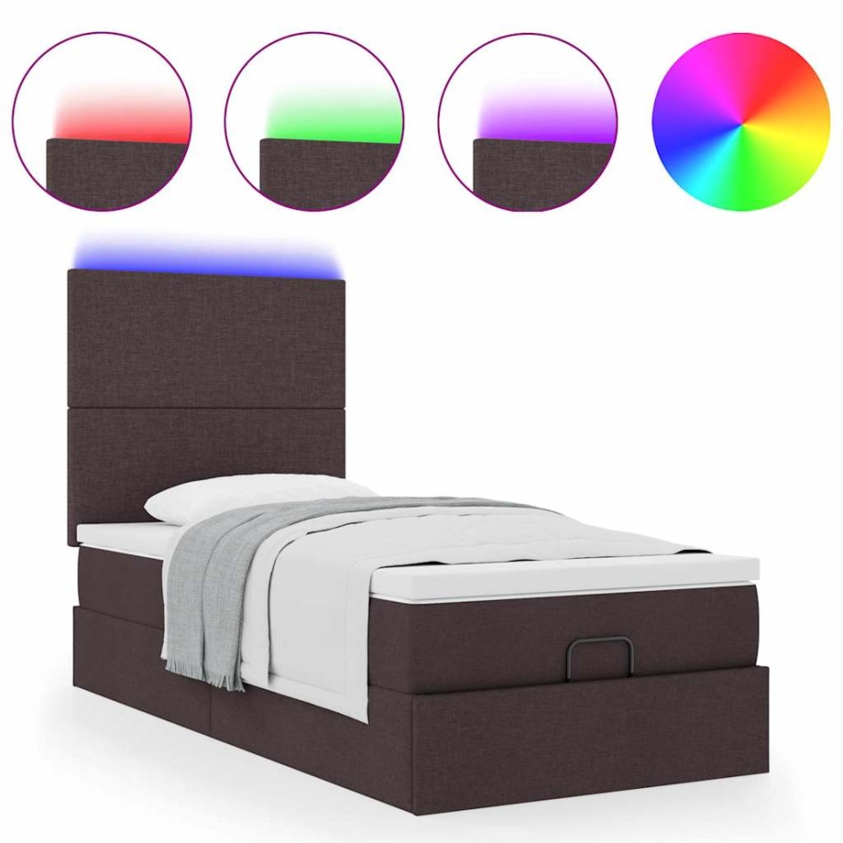 Cama otomana con colchón y LED tela marrón oscuro 90x200